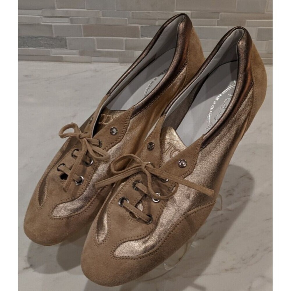 Women's TOD'S Beige Leather & Metallic Gold/Pewter Leather Low-Top Sneakers 11.5 - Picture 8 of 13
